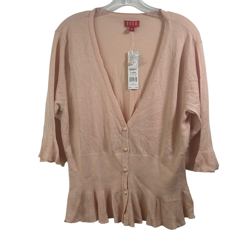 ELLE Womens Cameo Rose Pink Peplum V-Neck 3/4 Sleeve Cardigan XL NWT EL12292
